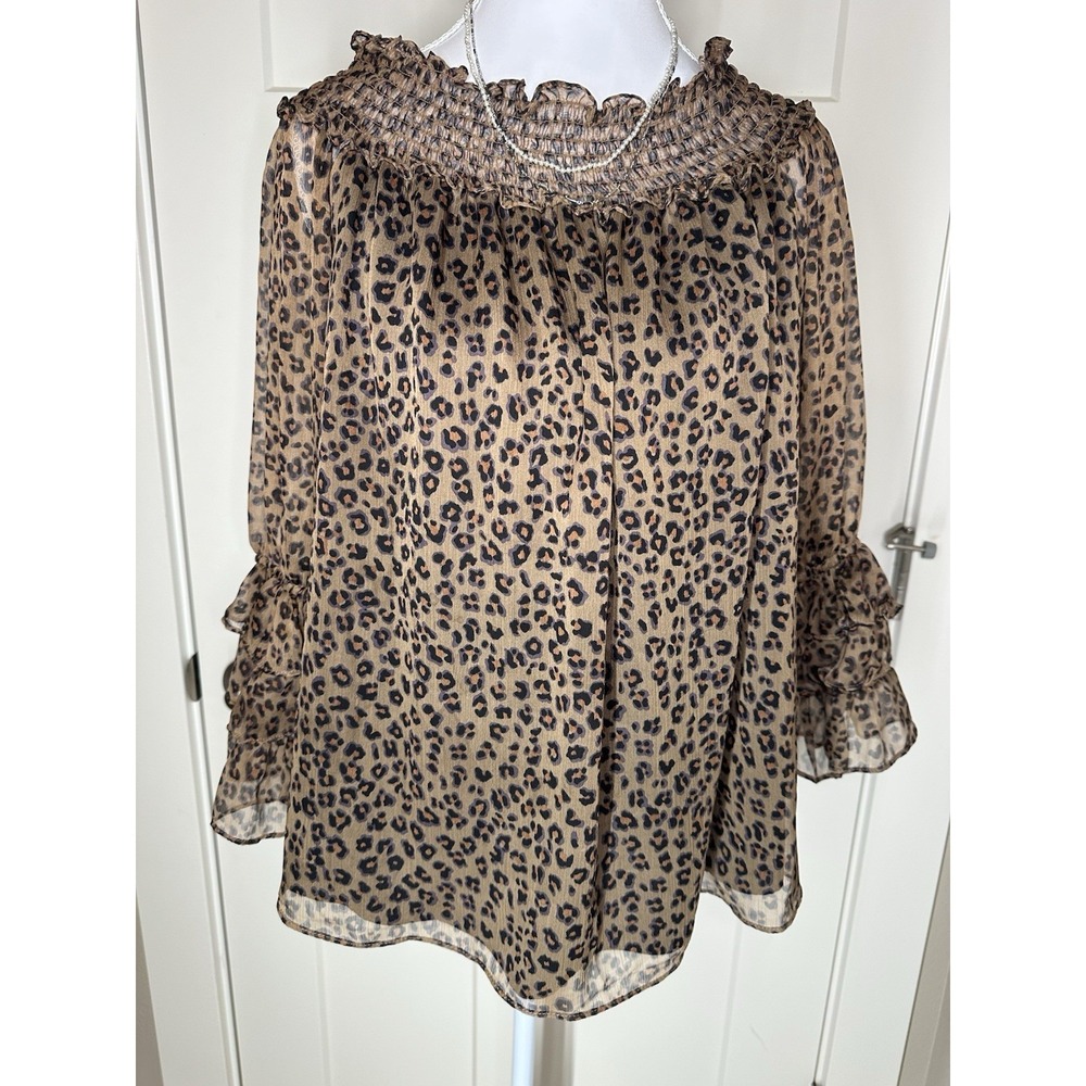 CeCe Women Smocked Ruffle Sleeve Leopard Print Blouse S Brown Black Sheer‎ Lined